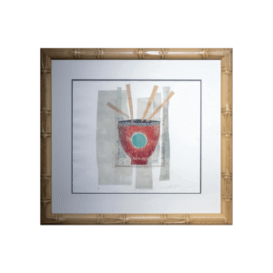 Pintura enmarcada de María Isabel Tagle (80x74 cm) con cuenco rojo