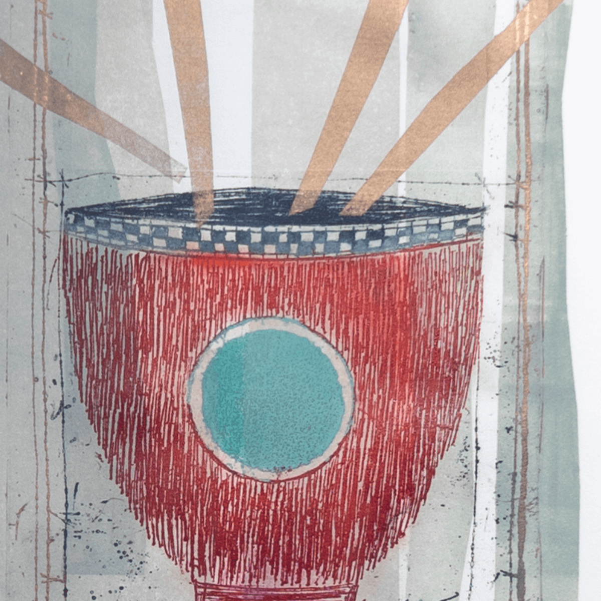 Pintura enmarcada de María Isabel Tagle (80x74 cm) con cuenco rojo - Imagen 2