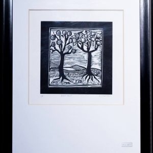 Ilustración en Blanco y Negro: Dos Árboles y Aves (42.5x53 cm)