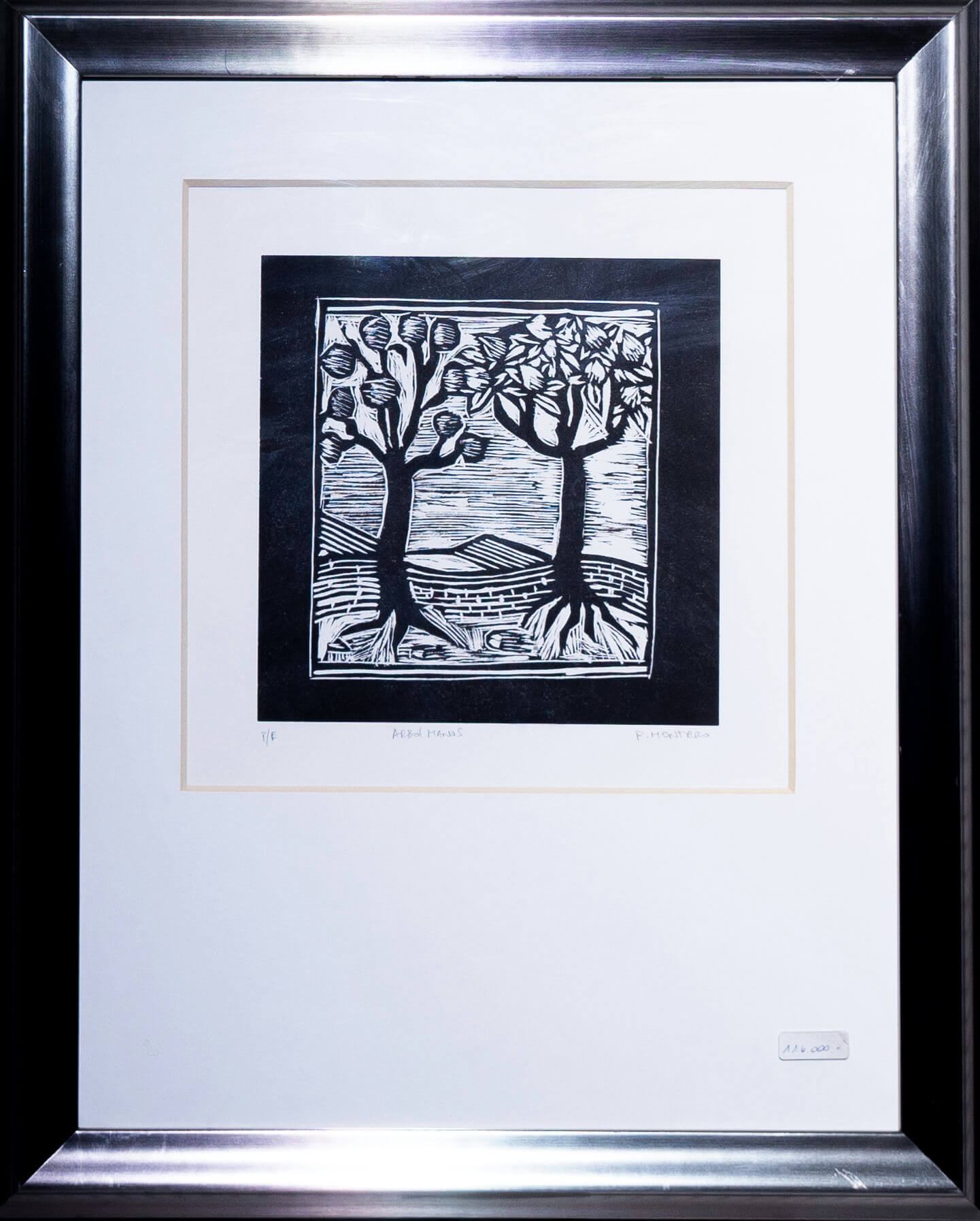 Ilustración en Blanco y Negro: Dos Árboles y Aves (42.5x53 cm)