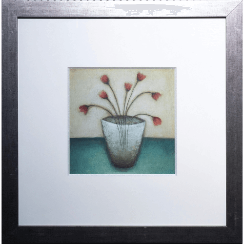 Pintura Floral: Jarrón Azul con Flores Rojas (45x45 cm)